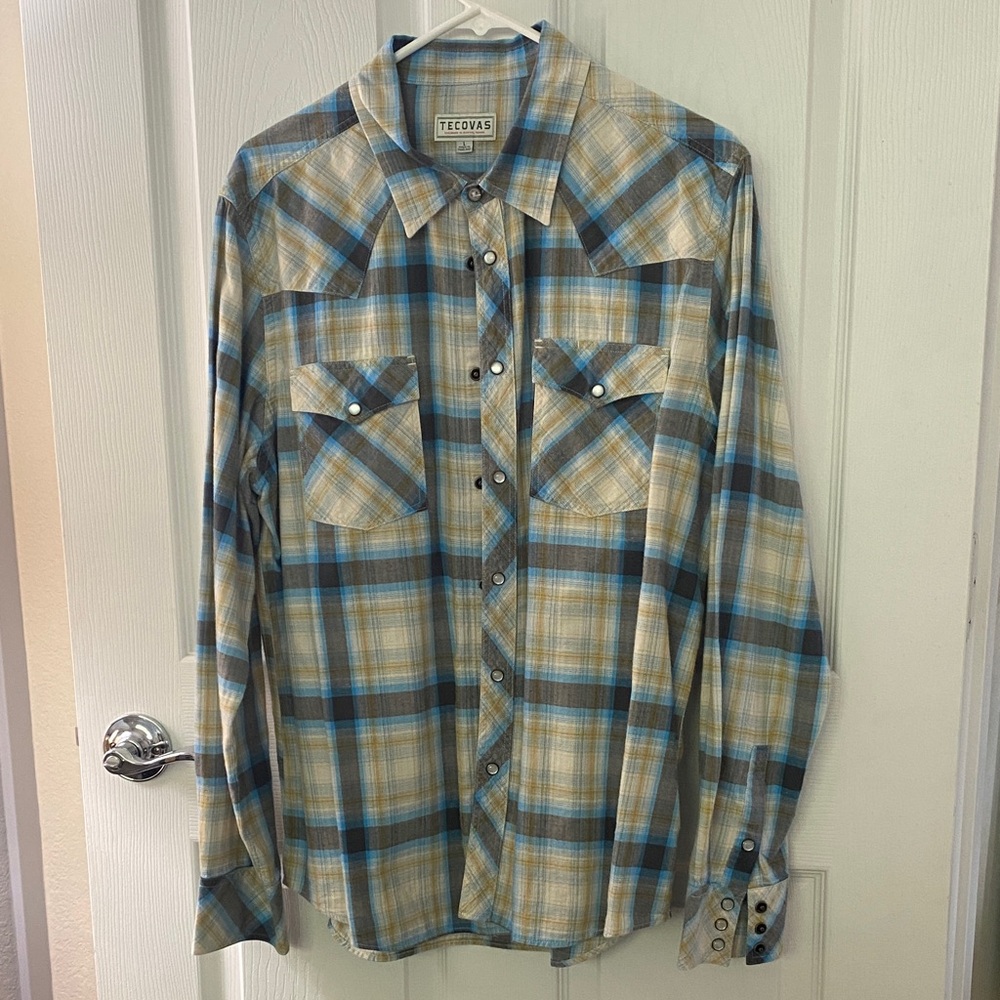 Tecovas Blue and Cream Plaid Western Snap Shirt